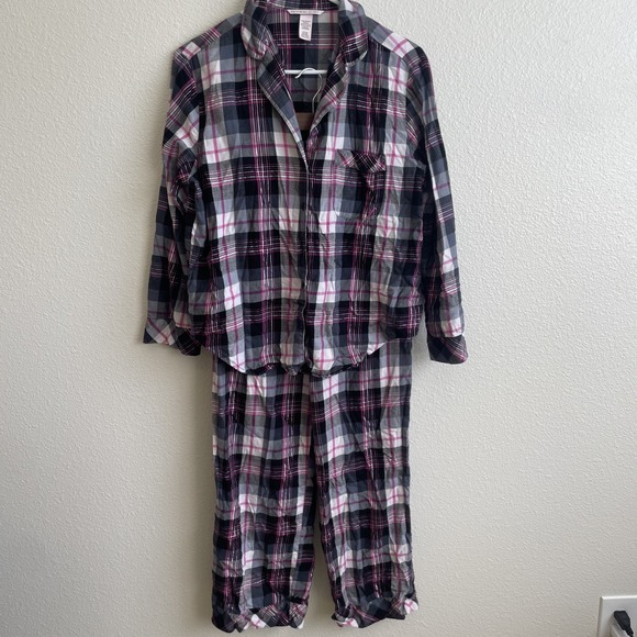 Victoria's Secret 2pc Pajama Lounge Set Black White Pink Plaid Flannel Sz S Soft - Picture 1 of 8